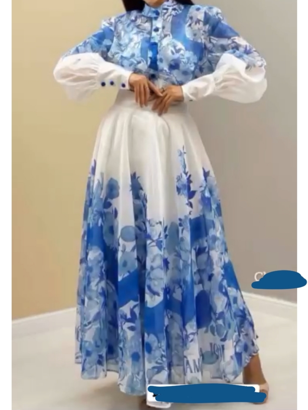 White blue floral long sleeve two piece maxi dress sz S